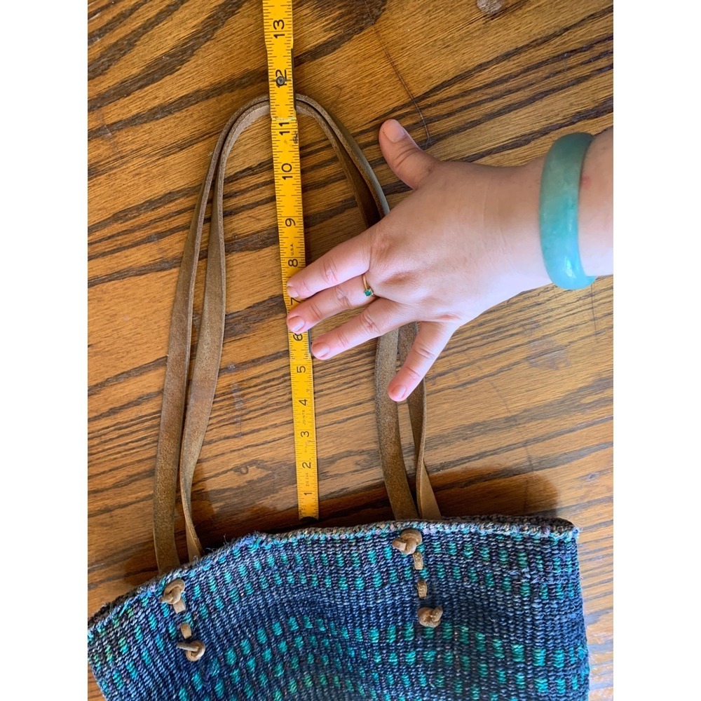 Handwoven Sisal Tote Bag Blue Teal Pattern Leather Straps - Picture 6 of 6